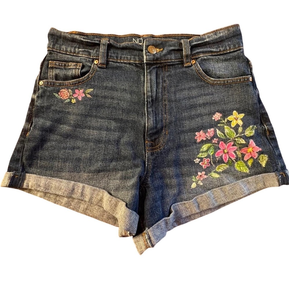 Upcycled Handpainted Denim Shorts Junior Sz 7 Blue Floral High Rise Cuffed OOAK